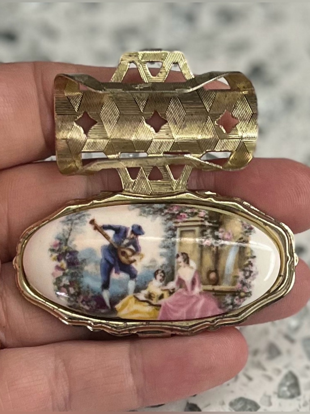 Vintage 1950s Fragonard Courting Couple Lipstick Clip Holder Mirror ,Mid Century